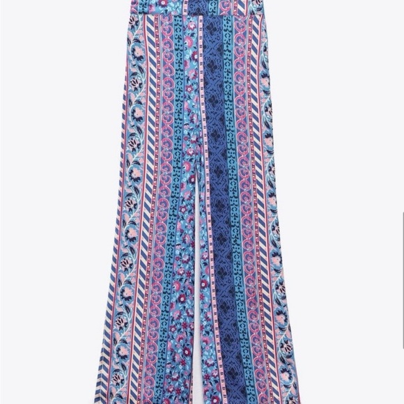 🦋 ZARA BOHO BLUE MULTI TRIBAL SATIN WIDE LEG HIGH WAIST PANTS! - Picture 10 of 16